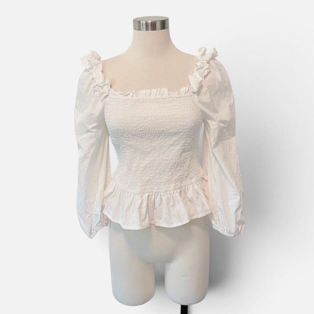 The Drop White Peasant Smocked Ruffle Y2K Blouse Top Cottagecore Large Cotton